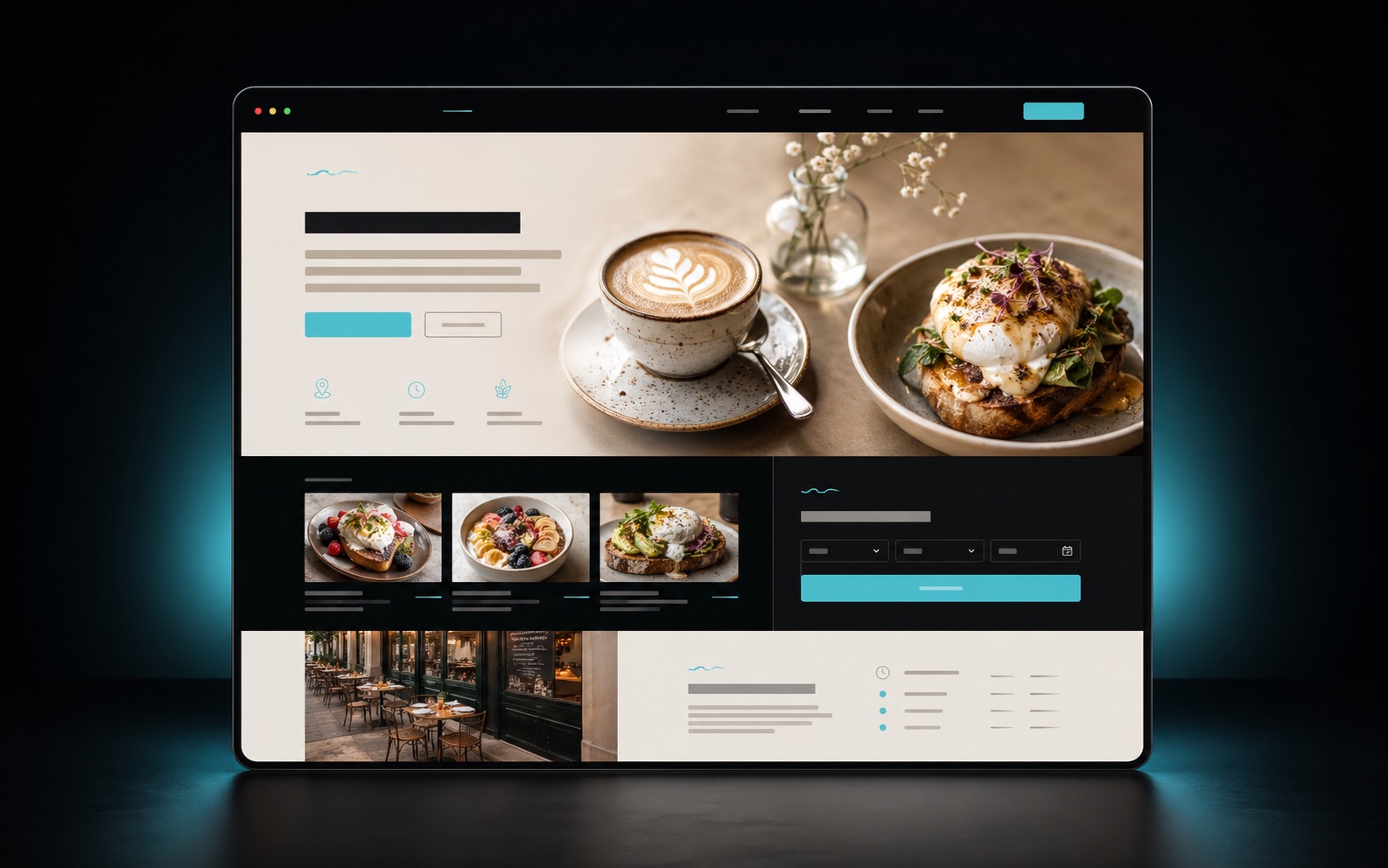 Website mockup for a cafe and brunch restaurant